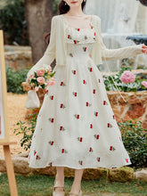 Load image into Gallery viewer, 2PS White Cherry Print Spaghetti Strap Dress With White Shawl Dress Suit