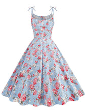 Load image into Gallery viewer, Baby Blue Floral Print Tie-up Spaghetti Straps 1950S Retro Swing Dress With Pockets