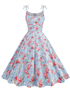 Baby Blue Floral Print Tie-up Spaghetti Straps 1950S Retro Swing Dress With Pockets