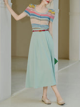 Load image into Gallery viewer, 2PS Green Round Collar Stripe Knitted Shirt And Swing Skirt Dress Set