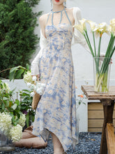 Load image into Gallery viewer, 2PS Blue Daisy Floral Print Halter Neck Dress With White Shawl Dress Suit