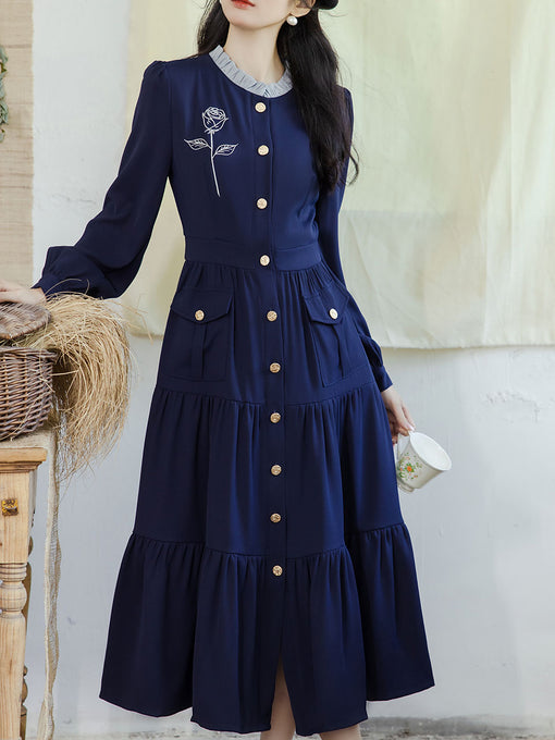 Navy Rose Artificial Embroidered Lace Collar Dress