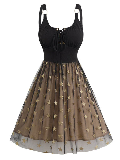 Gold and Black Star Sequin Lace-up 1950s Vintage Party Dress