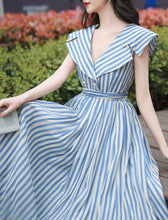 Load image into Gallery viewer, 1950S Classic Vintage Summer Blue Strip Sailor Shawl Collar Pleated Swing Dress