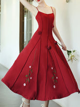 Load image into Gallery viewer, Red Rose Handmade Flower Spaghetti Strap Swing Engagement Party Dress