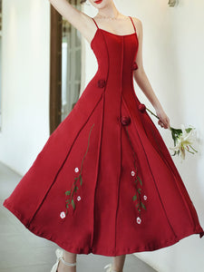 Red Rose Handmade Flower Spaghetti Strap Swing Engagement Party Dress