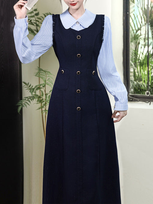 Navy Fake Two Piece Shirt Lapel 1940s Vintage Dress