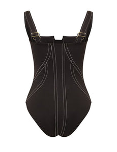 Black Retro Style Imitation Denim One Piece With Bathing Pant Suit