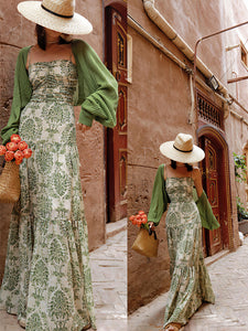 Green Bohemian Floral Print Chiffon Maxi Dress Prom Dress With Cardigan