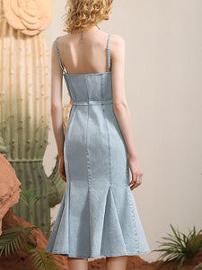 Light Blue Denim Spaghetti Strap Pearl Dress Fishtail Vintage Dress