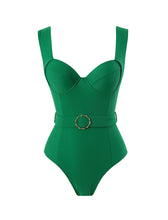 Load image into Gallery viewer, Dark Green Retro Style One Piece With Bathing Suit Wrap Skirt