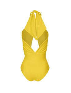 Yellow Hollow Out One Piece With Bathing Suit Wrap Skirt