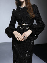 Load image into Gallery viewer, 2PS Black Crew Neck Long Sleeve Sequins Top With Swing Skrit Suit