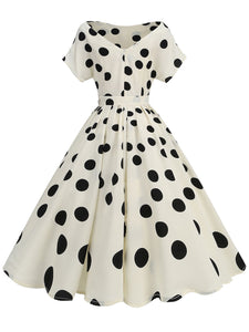 1950s White Polka Dots Short Sleeve Vintage Swing Dress Inspired by Cruella