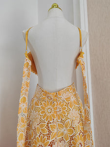 Yellow Lace Flower Halter Backless Swing Dress