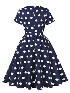 Navy Crew Neck Polka Dots 1950s Vintage Swing Dress With Pocket
