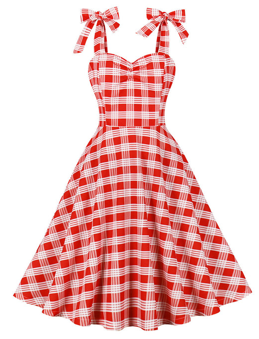 Red And White Plaid Straps Bow Retro Swing Dress