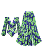 Load image into Gallery viewer, Green Floral Deep V Retro Style One Piece With Bathing Suit Swing Skirt