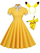 Load image into Gallery viewer, Yellow Pikachu Inspired Pokemon Swing Vintage 1950S Dress with Headband