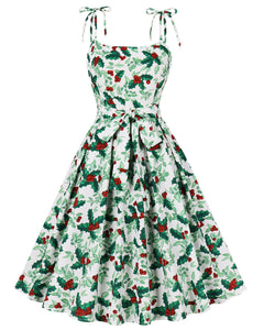 Christmas Green Spaghetti Strap Vintage Swing Dress