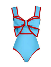 Load image into Gallery viewer, Bow Retro Style One Piece With Polka Dots Bathing Suit Swing Skirt