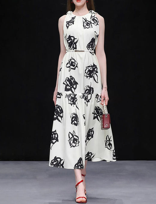 White Floral Print Sleeveless Vintage Style Maxi Dress