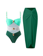 Load image into Gallery viewer, Green Hollow Out One Piece With Bathing Suit Wrap Skirt