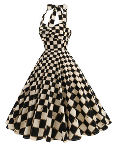 Black Checkerboard Print Halter Backless 1950S Vintage Swing Dress