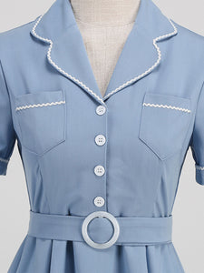Blue 1950s Vintage Shirt Dress for Women Short Sleeve Audrey Hepburn Style Cocktail Swing Dress