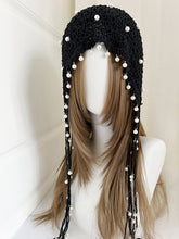 Load image into Gallery viewer, Retro Black Crocheted Hollow Knitted Pearl Tassel Pullover Hat