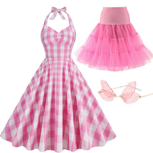 Pink And White Plaid Halter Classis Style 1950S Vintage Dress Set