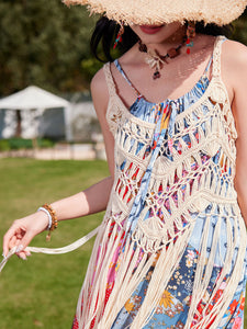 Bohemian Retro Print Strap Boho Maxi Dress with Hollow Crochet Fringe Vest