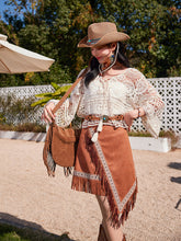 Load image into Gallery viewer, White Hollow Crochet Tassel Top with Brown Suede Irregular Tassel Skirt Boho Outfit