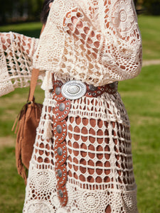 Hollow Crochet Tassel Top with Waistband Brown Corduroy Skirt Bohemian Suit