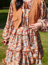 Load image into Gallery viewer, Bohemian Orange Printed Long-sleeved Mini Dress with Suede Embroidered Vest Boho Suit