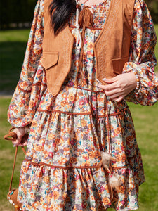 Bohemian Orange Printed Long-sleeved Mini Dress with Suede Embroidered Vest Boho Suit