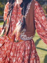 Load image into Gallery viewer, Bohemian Orange Printed Long-sleeved Mini Dress with Suede Embroidered Vest Boho Suit