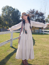 Load image into Gallery viewer, Bohemian White Long-sleeved Cotton Maxi Dress with Suede Embroidered Vest Boho Suit