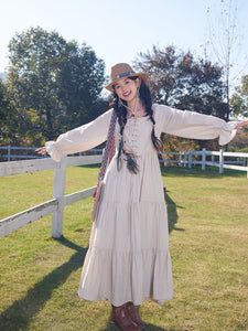 Bohemian White Long-sleeved Cotton Maxi Dress with Suede Embroidered Vest Boho Suit