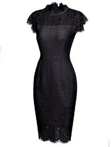 Solid Color Lace High Collar 1960S Bodycon Dress