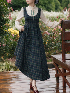 Dark Green Fake Two-piece Plaid Embroidered Swing Retro Dress