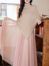 Load image into Gallery viewer, 2 Piece Retro Irregular Bat Sleeve Cape Sweater and Pink Mesh Skirt Set