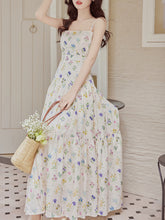 Load image into Gallery viewer, 2PS White Floral Print Spaghetti Strap Dress With Blue Shawl Dress Suit