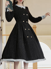 Load image into Gallery viewer, Black Crew Neck Tweed 1950s Swing Dress Coat With White Lace Ruffles