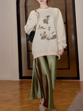 Load image into Gallery viewer, 2 Piece White Crew Neck Embroidered Sweatshirt and Green Satin Fishtail Skirt Set