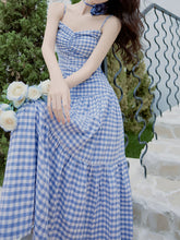 Load image into Gallery viewer, 3PS Blue Plaid Spaghetti Strap Dress With Blue Shawl Dress Suit