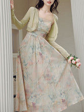 Load image into Gallery viewer, 2PS Light Pink Floral Print Spaghetti Strap Dress With Green Shawl Dress Suit