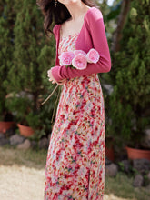 Load image into Gallery viewer, 2PS Pink Floral Print Spaghetti Strap Dress With Rose Shawl Dress Suit