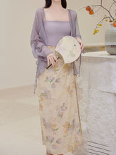 Load image into Gallery viewer, 3PS Purple Floral Tube Top and Slit Skirt 1950s Cardigan Suit