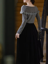 Load image into Gallery viewer, 1950S Vintage Gray Lapel Flower Knit Sweater and Velvet Pleated Skirt Audrey Hepburn&#39;s outfit